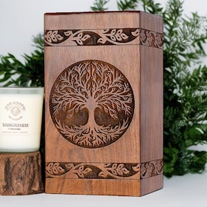 Handmade Rosewood Tree of Life Urn: Engraved Memorial Box