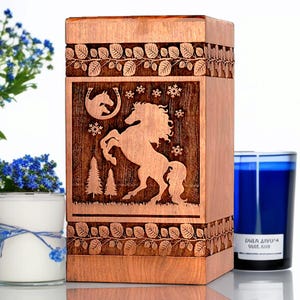 Handmade Rosewood Horse Cremation Urn: Engraved Wooden Ashes Box