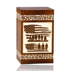 American Flag Army Veteran Urn Box: Engraved Sheesham Wood Cremation Urn, Personalized Military Memorial