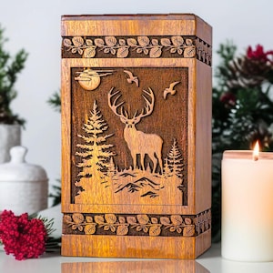 Urna de madera con forma de ciervo para cenizas humanas – Urna de cremación hecha a mano – Recuerdo conmemorativo personalizado – Caja funeraria grabada a medida – Urna de palisandro