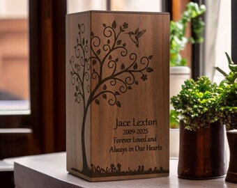 Personalized Sheesham Wood Urn Box: Tree & Hummingbird Engraving