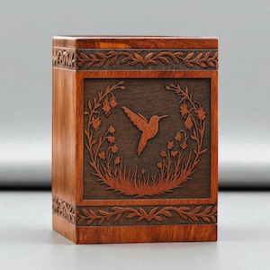 Personalized Wooden Urn for Human Ashes – Hummingbird Carved Memorial Box – Custom Engraved Cremation Urn