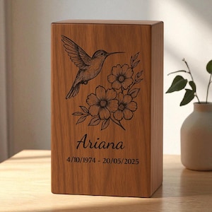 Handcrafted Sheesham Wood Cremation Urn Box: Hummingbird & Flowers, Personalized