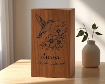 Handcrafted Sheesham Wood Cremation Urn Box: Hummingbird & Flowers, Personalized