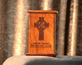 Personalized Celtic Cross Sheesham Wood Urn: Engraved Memorial Box