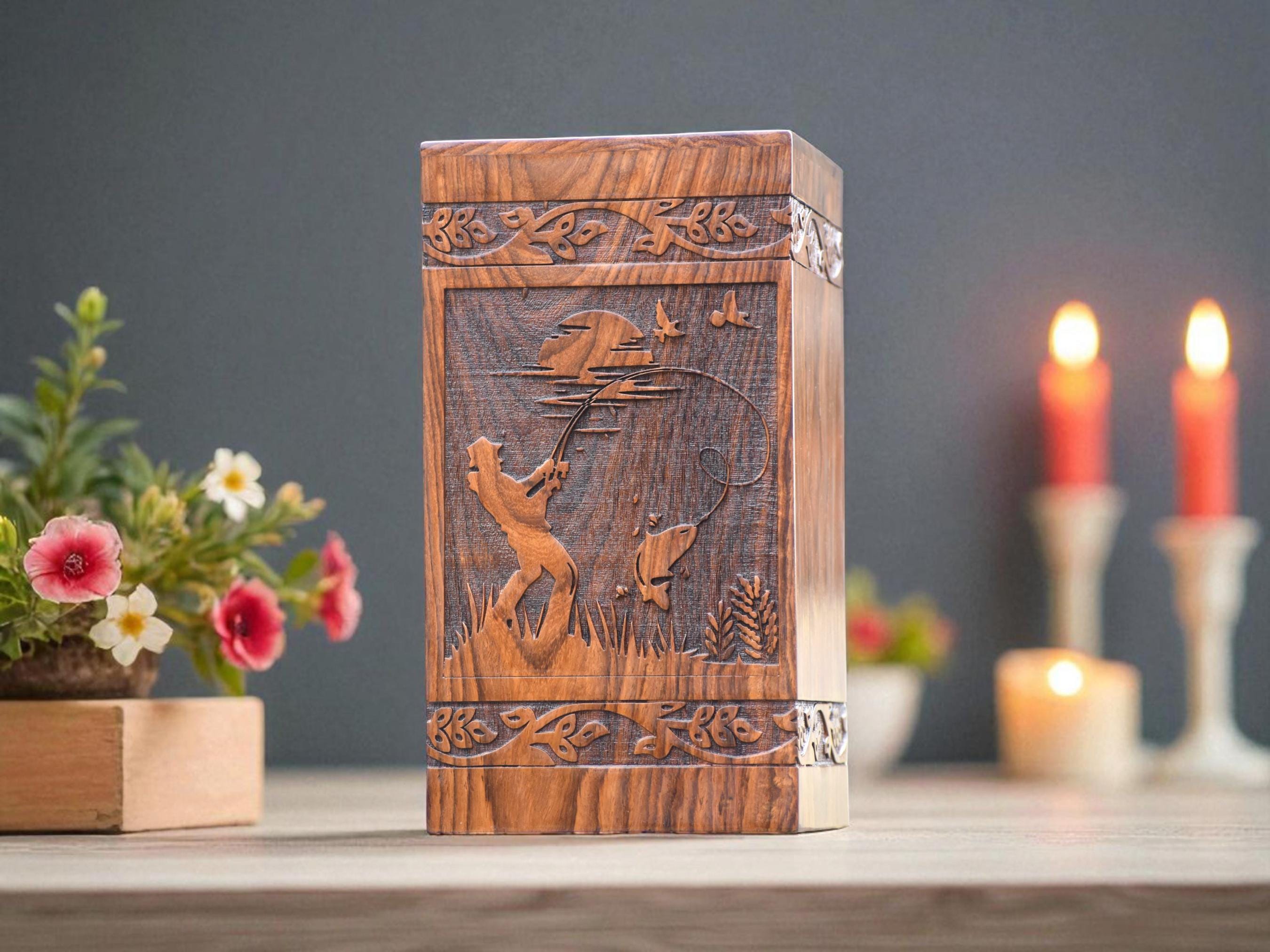 Personalized Fisherman Cremation Urn: Handcrafted Rosewood Memorial Box
