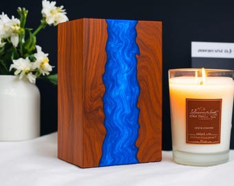 Handmade Wood & Blue Resin River Urn: Personalized Memorial Keepsake Box