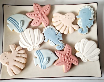 Biscuits sablés cookies personnalisés, animaux de la mer,coquillages,étoiles de mer,poisson, fête anniversaire