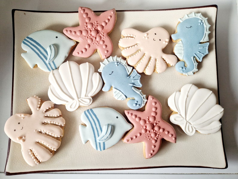 Galletas de mantequilla personalizadas, animales marinos, conchas, estrellas de mar, peces, fiesta de cumpleaños imagen 1