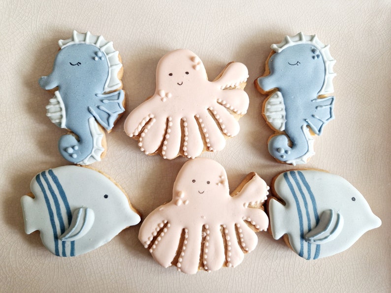 Galletas de mantequilla personalizadas, animales marinos, conchas, estrellas de mar, peces, fiesta de cumpleaños imagen 2