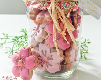 Biscuits sablés fleurs de cerisier en pot ; cadeau pour elle,anniversaire,fête des mères,rose, blanc