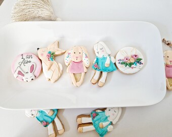 Biscuits personnalisés thème lapin au glaçage royal,pour fête anniversaire enfant fille