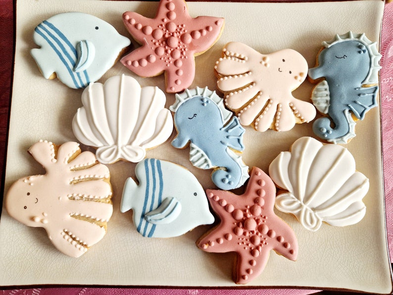 Galletas de mantequilla personalizadas, animales marinos, conchas, estrellas de mar, peces, fiesta de cumpleaños imagen 3