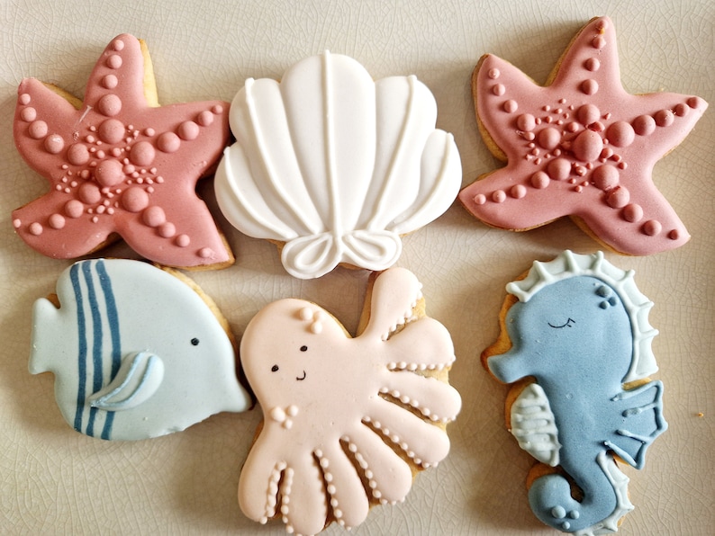 Galletas de mantequilla personalizadas, animales marinos, conchas, estrellas de mar, peces, fiesta de cumpleaños imagen 5