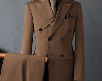 Men's Brown Double Breasted Suit, Custom Tailored Slim Fit Wedding Tuxedo Outfit
