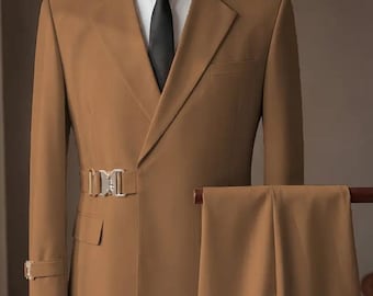Camel Brown Belted Suit Set, Modern Slim Fit Wedding Attire