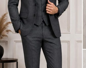 Abito da uomo a tre pezzi, slim fit, grigio antracite, ideale per matrimoni, matrimoni, balli di fine anno e occasioni formali.