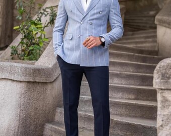 Herren Hellgrau Nadelstreifen Zweireihiger Anzug, Slim Fit Formelle Hochzeitskleidung