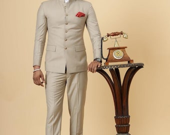Beige Jodhpuri Suit, Men's 2 Piece Bandhgala Wedding Party, Slim Fit Indo Western Set