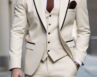Ivoor 3-delig slim-fit kostuum heren, bruiloft bruidegom formele avondkleding