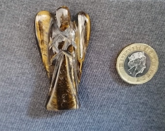 Tiger Eye Guardian Angel: Hand Carved Gemstone Figurine, 2"