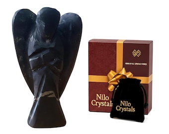 Shungite Pocket Angel: 2" Authentic Crystal Statue for EMF Protection - Hand-Carved Black Stone Guardian with Velvet Pouch & Gift Box