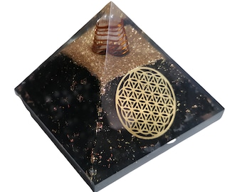 P&R:UK Shungite Orgonite Pyramid with Flower of Life Emblem, Copper Coil, and Gold Flakes Energy Healing Crystal for Meditation and Balance