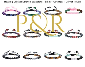 8mm Healing Crystal Bracelet – Adjustable Macramé Gemstone Bracelet, Gift Box