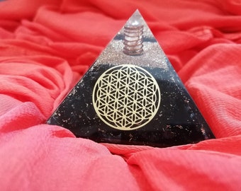 Shungite Orgone Pyramid, EMF Protection, Black Tourmaline Crystal (70mm-75mm)