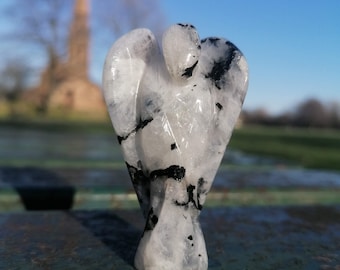 Hand Carved Rainbow Moonstone Guardian Angel: Reiki Healing Stone