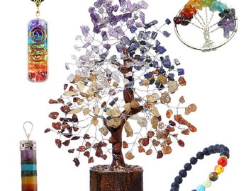 Chakra Healing Set: Gemstone Tree, Crystal Pendants & Bracelet