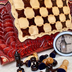 Handmade Wooden Chess Set 3 in1, Checker Board, Large Unique Chess Set with Board and Chess Pieces, Backgammon Board