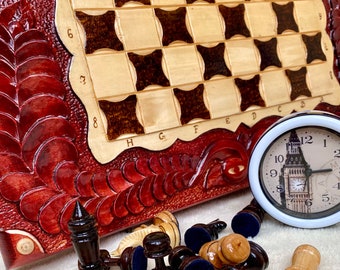 Handmade Wooden Chess Set 3 in1, Checker Board, Large Unique Chess Set with Board and Chess Pieces, Backgammon Board