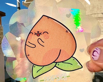 Suncatcher Sticker &#39;&#39;Oopsie Peach&#39;&#39;, Kawaii and cute sticker, Cute Stationery, window decal, rainbow sticker, Holographic Decal