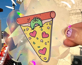 Suncatcher Sticker &#39;&#39;Lazy Pizza&#39;&#39;, Kawaii and cute sticker, Cute Stationery, window decal, rainbow sticker, Holographic Decal