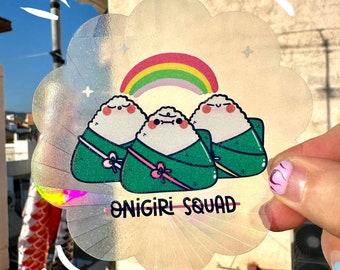 Suncatcher Sticker &#39;&#39;Onigiri Squad&#39;&#39;, Kawaii and cute sticker, Cute Stationery, window decal, rainbow sticker, Holographic Decal