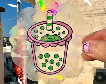 Suncatcher Sticker &#39;&#39;Froggy Bubble Tea&#39;&#39;, Kawaii and cute sticker, Cute Stationery, window decal, rainbow sticker, Holographic Decal