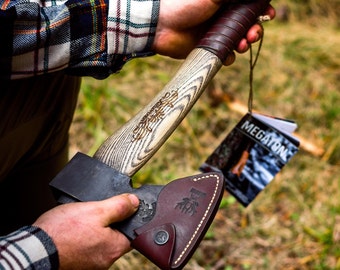 Megaton Vidar Bushcraft Axe, Personalized Viking Forest Axe, Leather Sheath