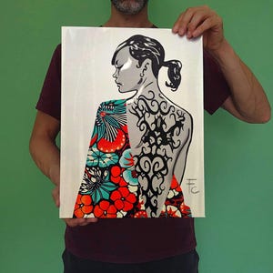 La ragazza tatuata - stampa digitale effetto anticato - illustrazione di viaggio