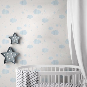CLOUDS Blue-Wall Decor Luxury Nursery Wallpaper Roll Self-Adhesive Peel and Stick Removable and Repositionable Canvas Texture