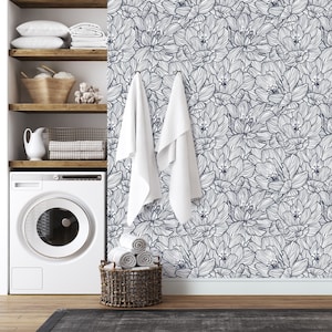 LINED FLOWERS Navy-Wall Decor Luxury Floral Wallpaper Roll Self-Adhesive Peel and Stick Removable and Repositionable Canvas Texture