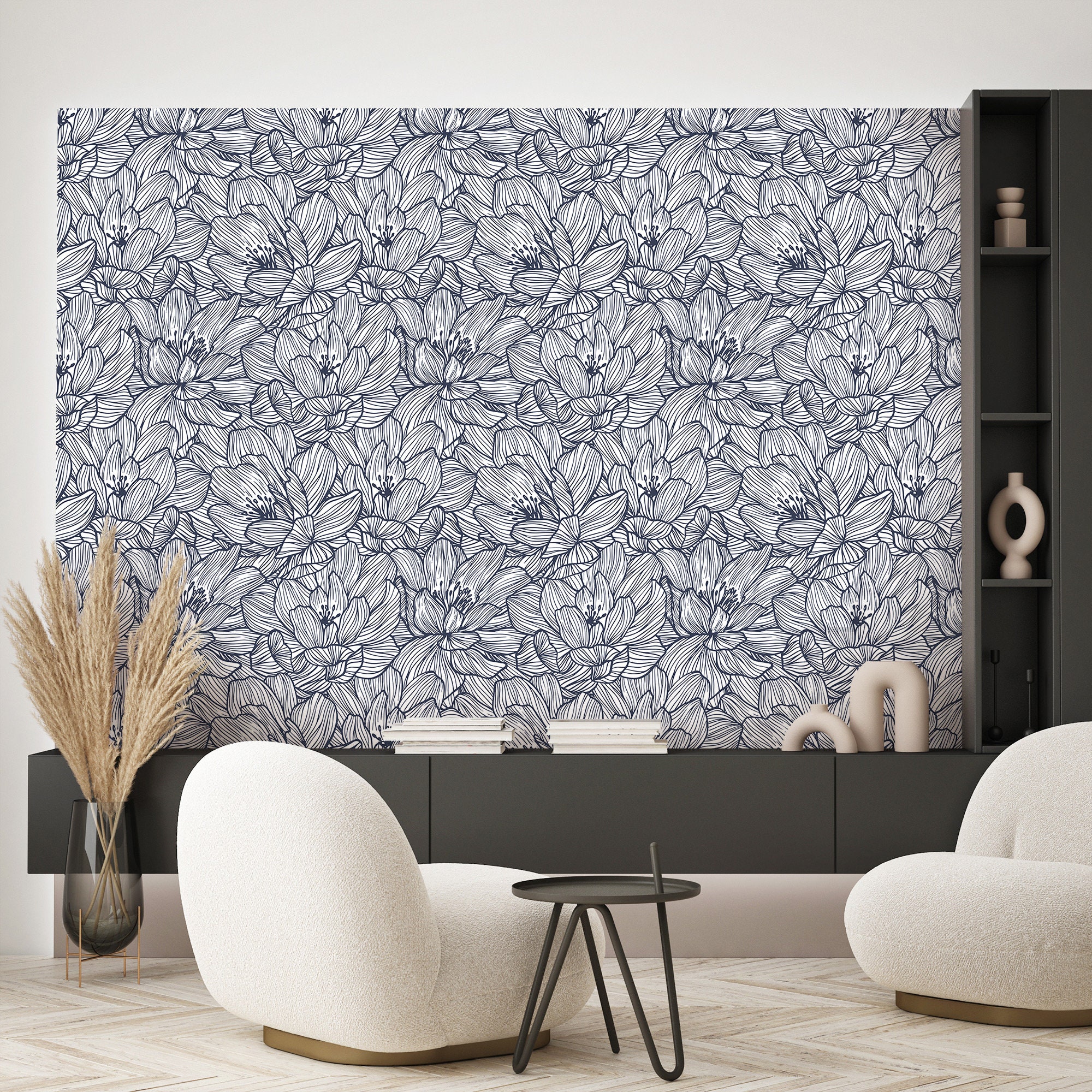 LINED FLOWERS Navy-wall Decor Luxury Floral Wallpaper Roll - Etsy
