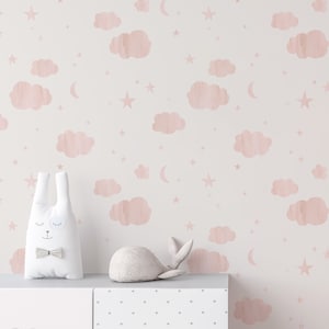CLOUDS Pink-Wall Decor Luxury Nursery Wallpaper Roll Self-Adhesive Peel and Stick Removable and Repositionable Canvas Texture