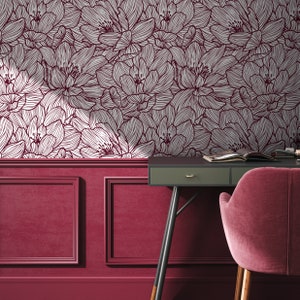 Lined Flowers Burgundy-Wall Decor Luxury Floral Wallpaper Roll Self-Adhesive Peel and Stick Removable and Repositionable Canvas Texture
