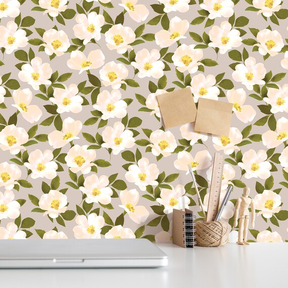 WHITE FLOWER Beigewall Decor Luxury Floral Wallpaper Roll Etsy
