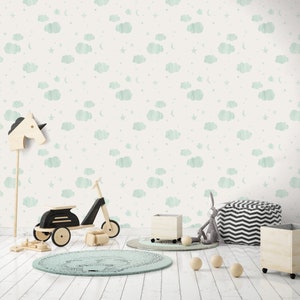 CLOUDS Green-Wall Decor Luxury Nursery Wallpaper Roll Self-Adhesive Peel and Stick Removable and Repositionable Canvas Texture