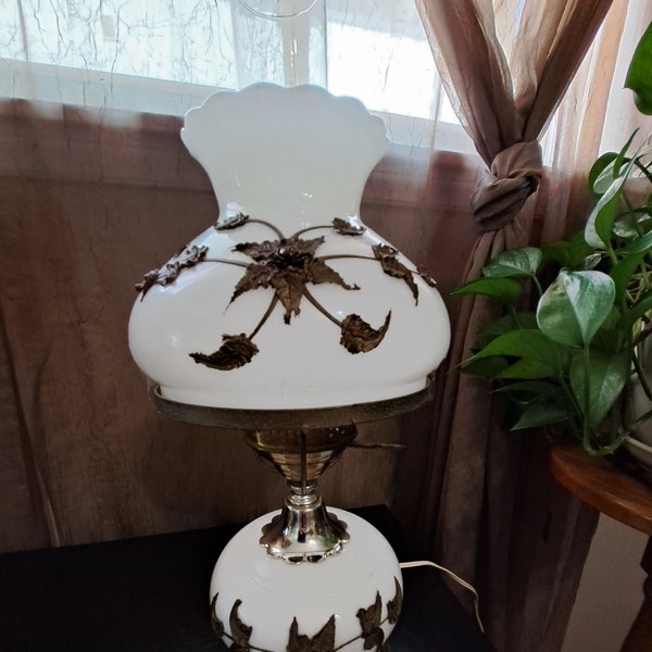 MCM Carl Falkenstein Milk glass hurricane lamp with chimney bronze floral design electric