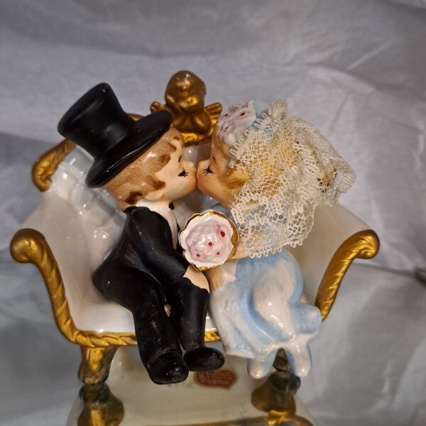 Vintage Lefton Bride and Groom on Sofa Cake Topper Decor Keepsake