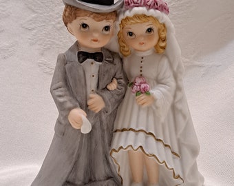 Vintage Lefton Bride and Groom Cake Topper Porcelain figurine 1987 handpainted Vow Renewal