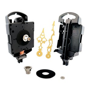 May include: A black quartz clock movement kit with gold-colored hands. The kit includes a clock movement, two hands, a mounting nut, a washer, and a small screw.